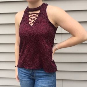 Laced-open neck maroon tank top with lace details